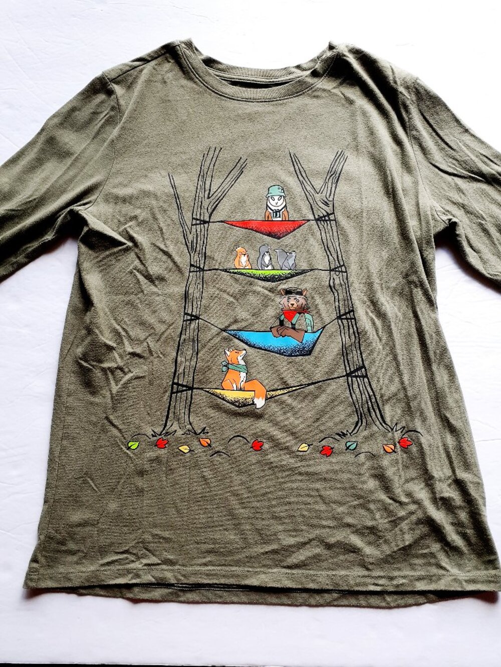 Cat & Jack Boys T-Shirt Woodland Animals Nature Outdoors Green Long Sleeve XL 16